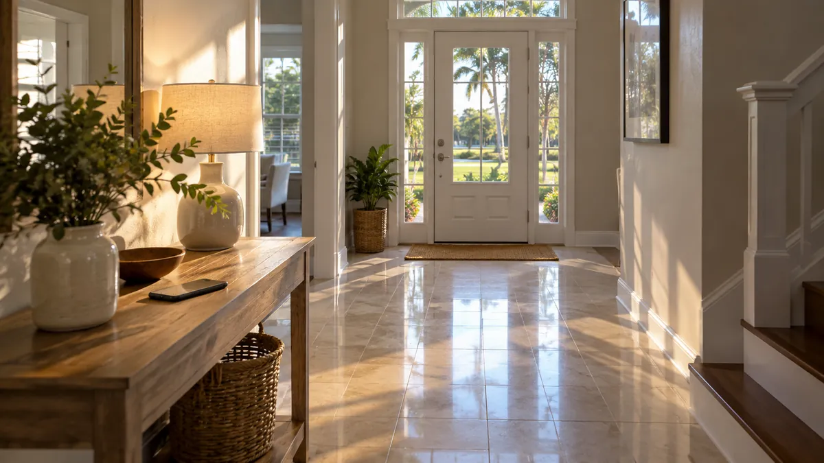 A clean entry hallway with a phone resting on a dusted console table and a freshly mopped floor running toward the front door