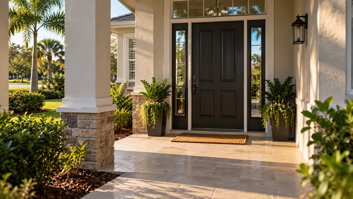 A wide daylight view of a home's front entry after cleaning, porch swept, front door and sidelight glass wiped, a clean doormat in place