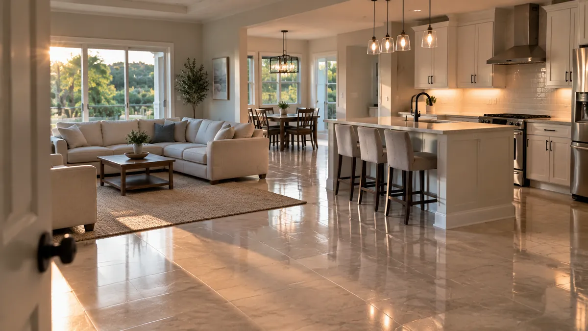 A whole house after a full clean seen from the front hallway, open living room and kitchen beyond, clear counters, mopped floors and clean windows